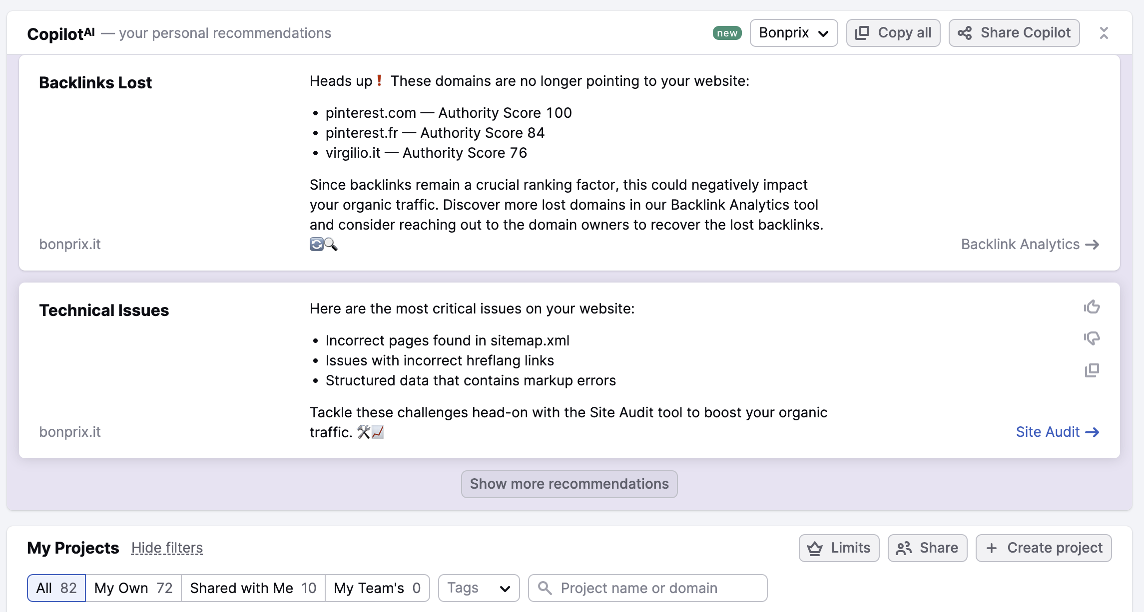 The Copilot dashboard with technical issues and recommendations linked to Site Audit. 