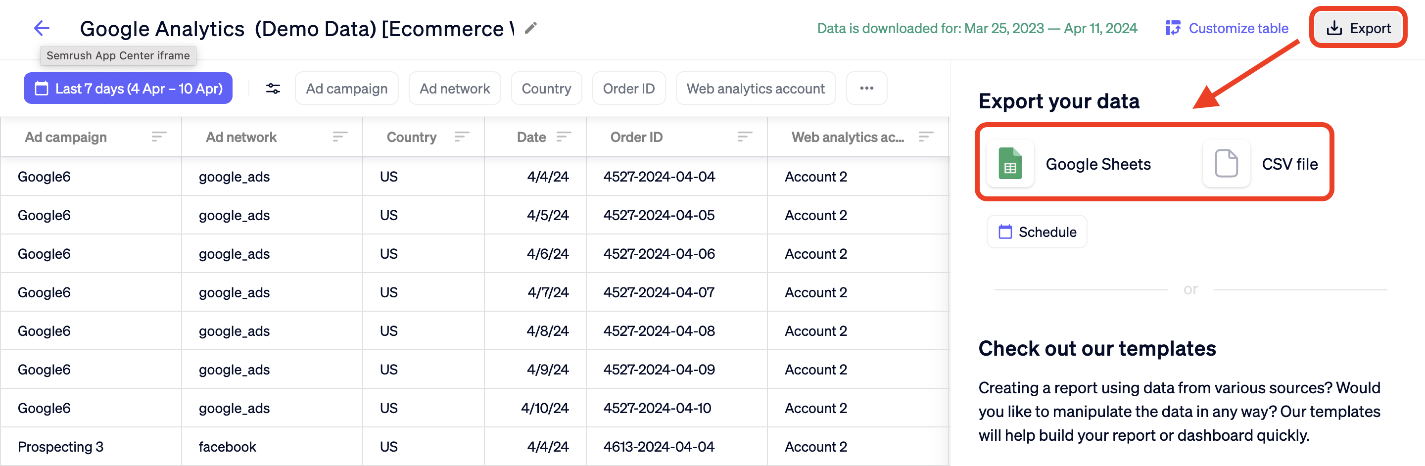 Selecting the export options in AI Automated Data Connector.