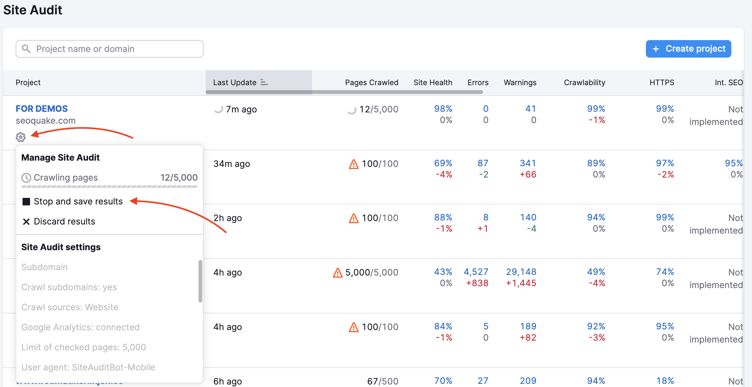 Managing Site Audit from the list of your campaigns