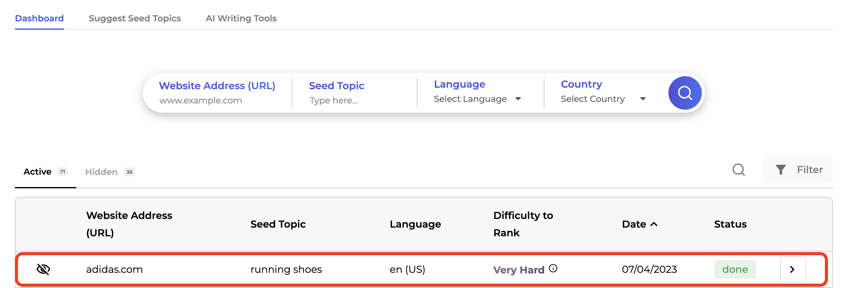 An example of the previously run analysis and its current status in the SERP Gap Analyzer.