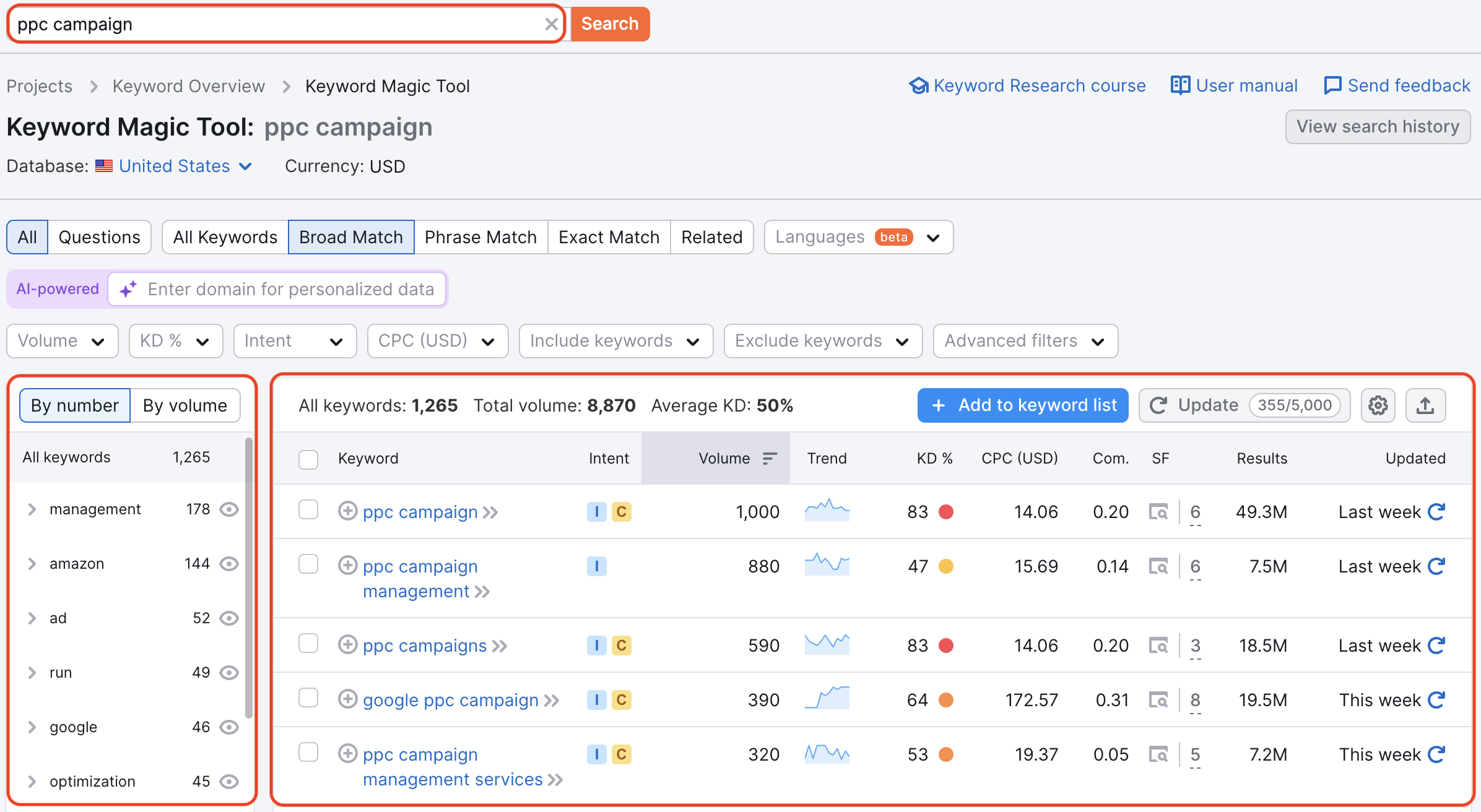 Keyword Magic tool. The example shows where to search for a keyword in the tool, the returned list of related keywords and on the left, keywords grouped into sub-lists.