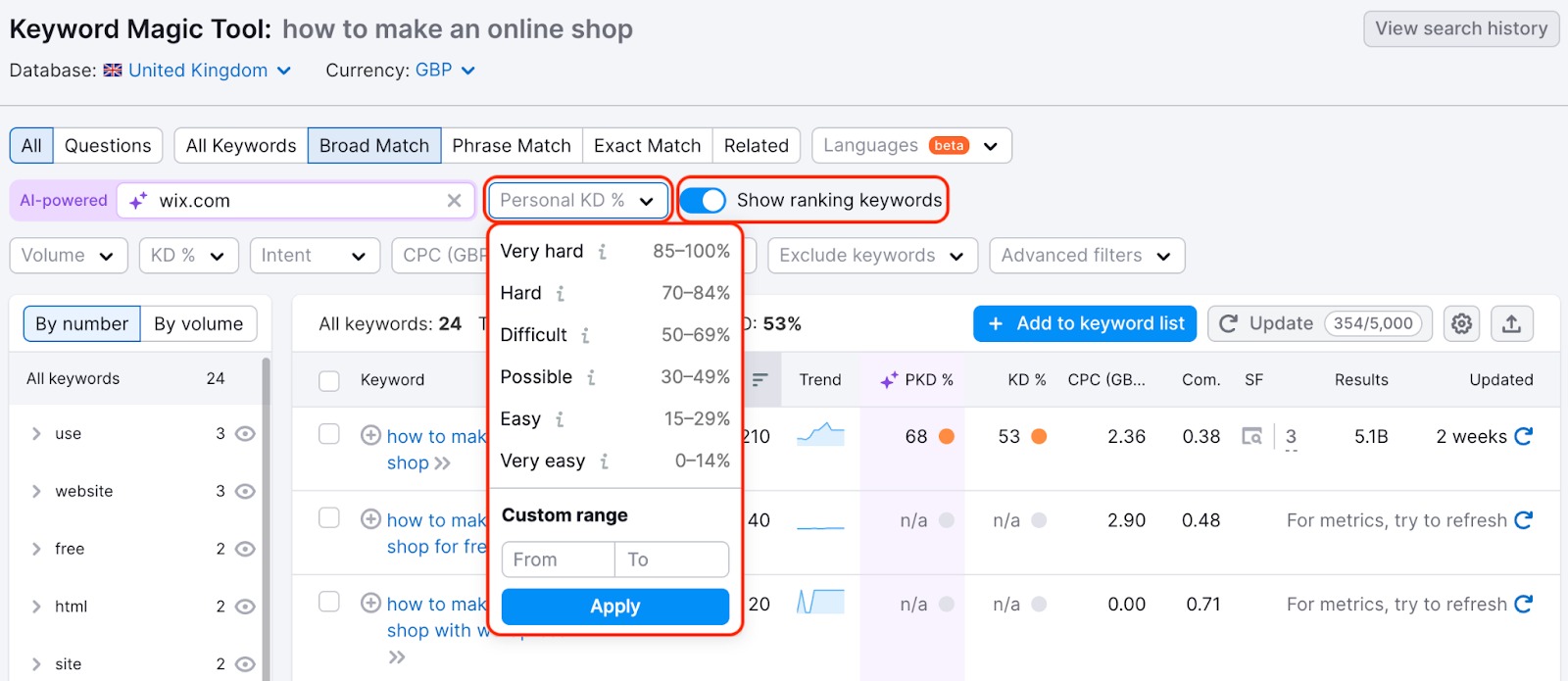 The Show ranking keywords toggle and Personal KD filter are highlighted. 