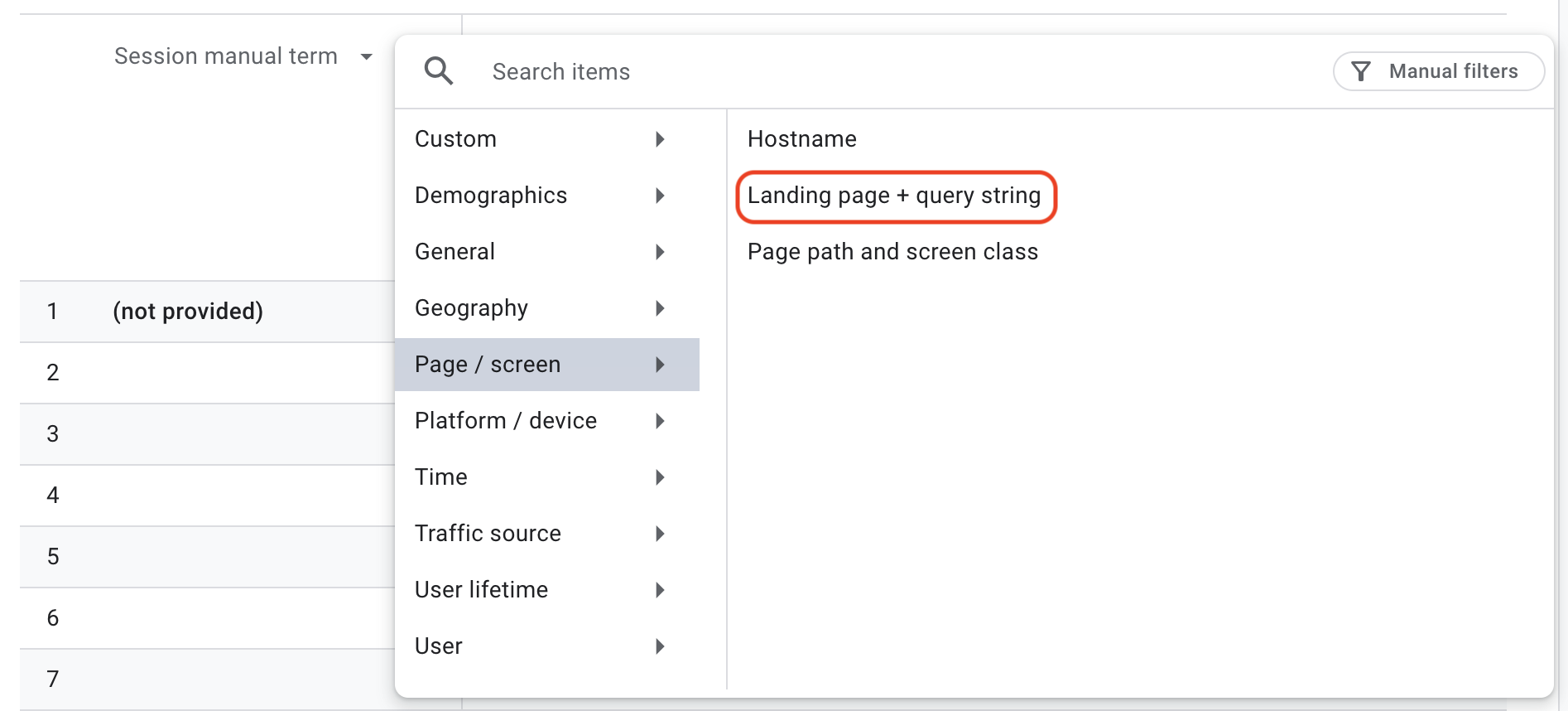 A demonstration of additional filters available for the Session manual term report. Page/screen and Landing page+query string options are highlighted.