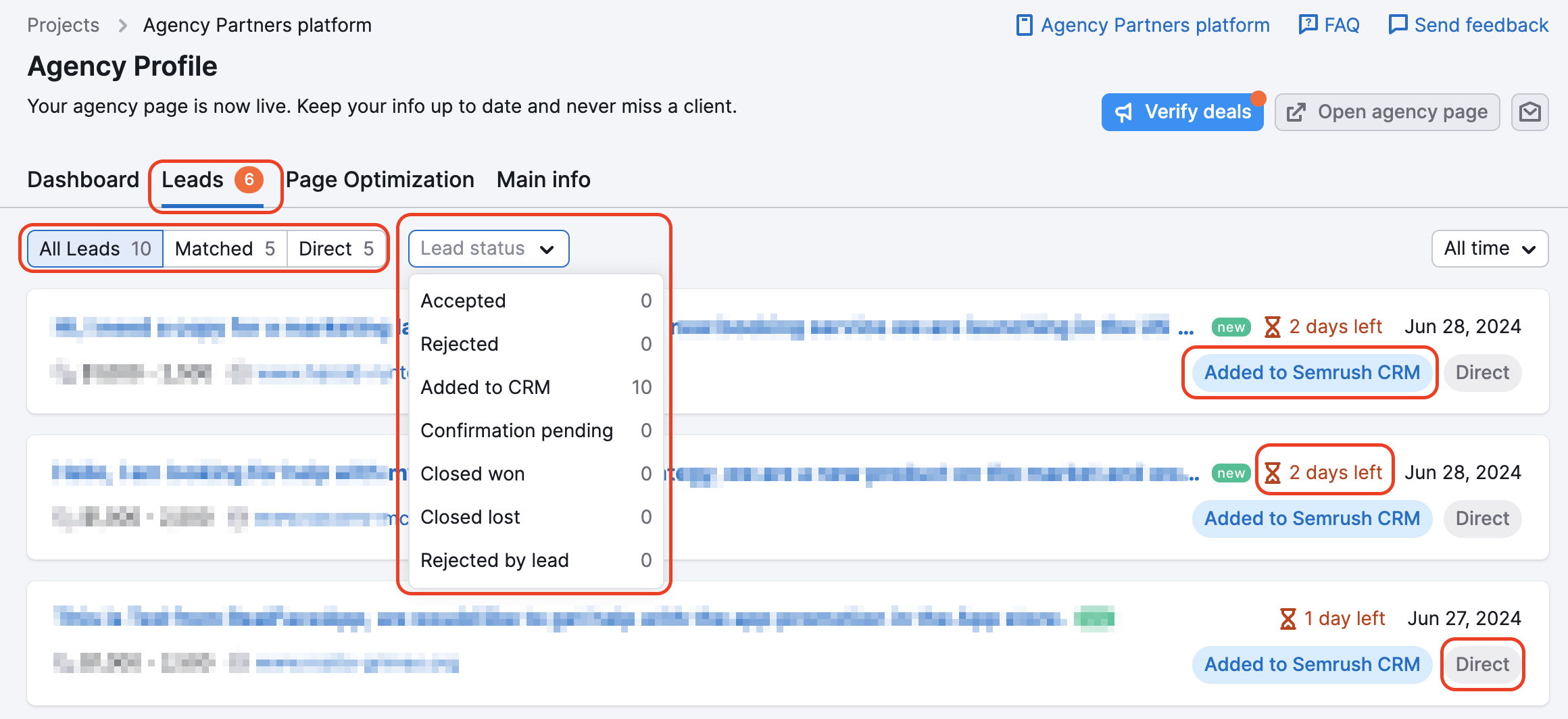 An example of the Leads report with the filtering options highlighted with red rectangles: All Leads, Matched, Direct, and Lead status drop-down at the top of the report, as well as labels next to each lead.