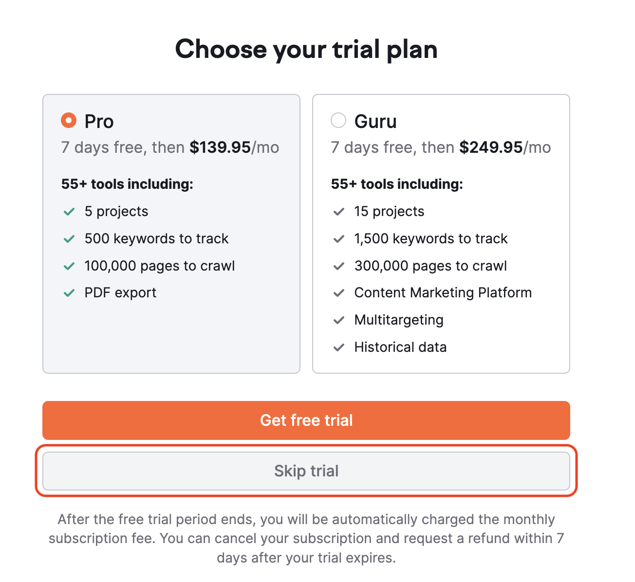 7-day trial pop-up showing Pro and Guru subscriptions. 