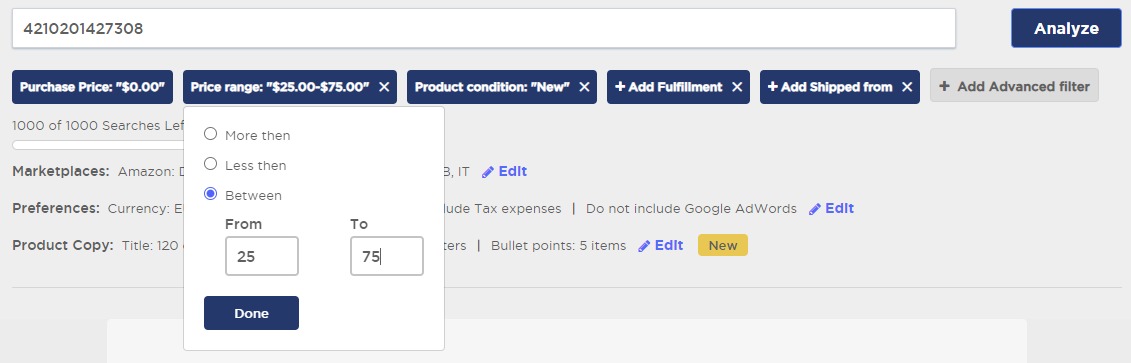 Choosing filters in the ‘Single Product Analysis’ feature of Product Research Pulse.