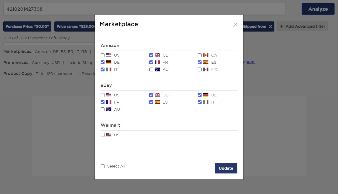 Selecting marketplaces in the ‘Single Product Analysis’ feature of Product Research Pulse.