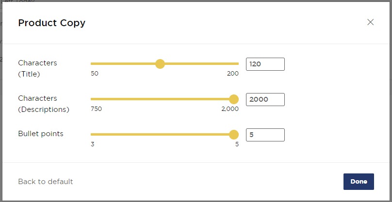 Setting copy parameters to guide the AI in Product Research Pulse.