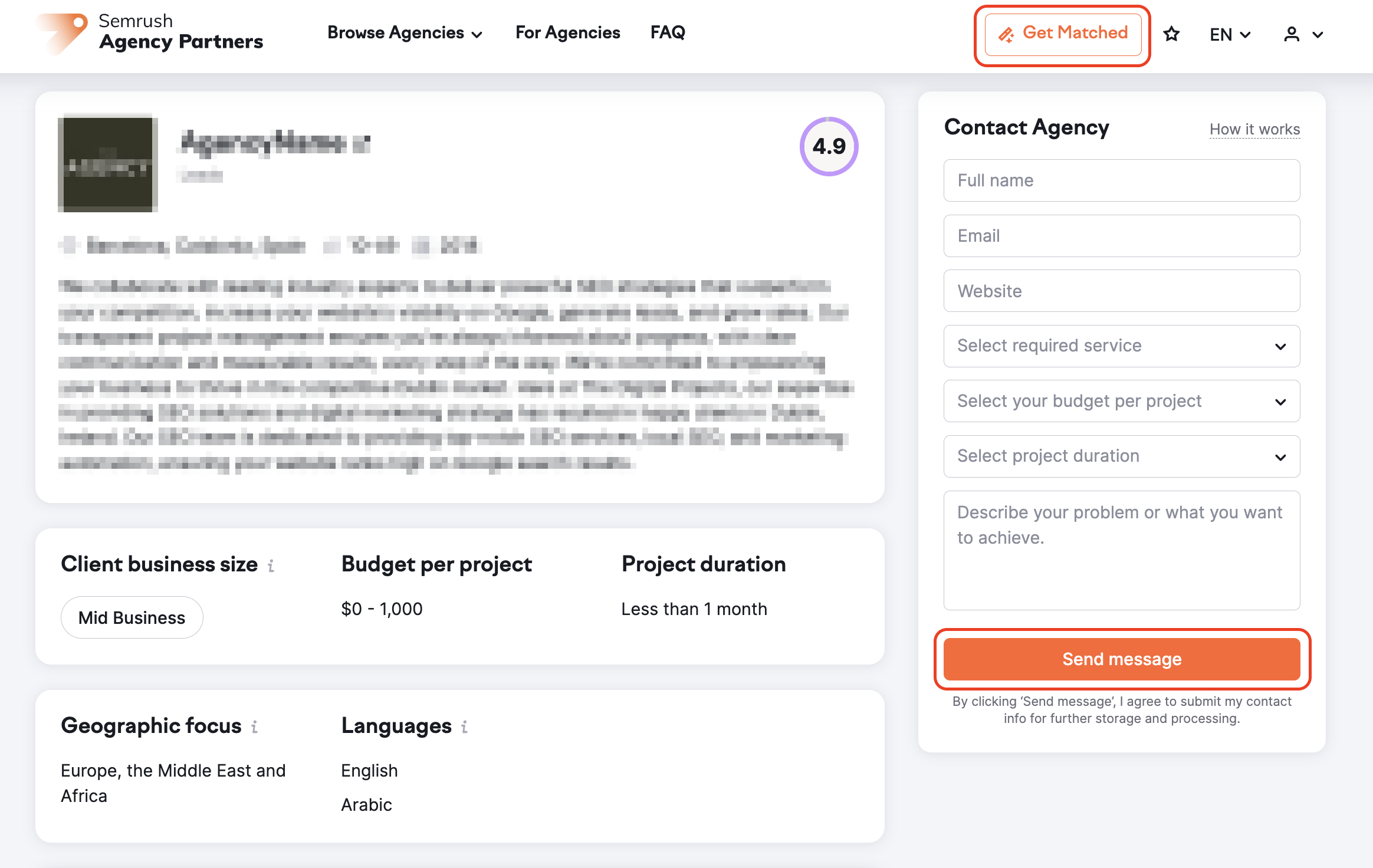 An example of the Agency's profile with the Get Matched button at the top of the page and the Send message button in the Contact Agency form. The buttons are highlighted with red rectangles. 