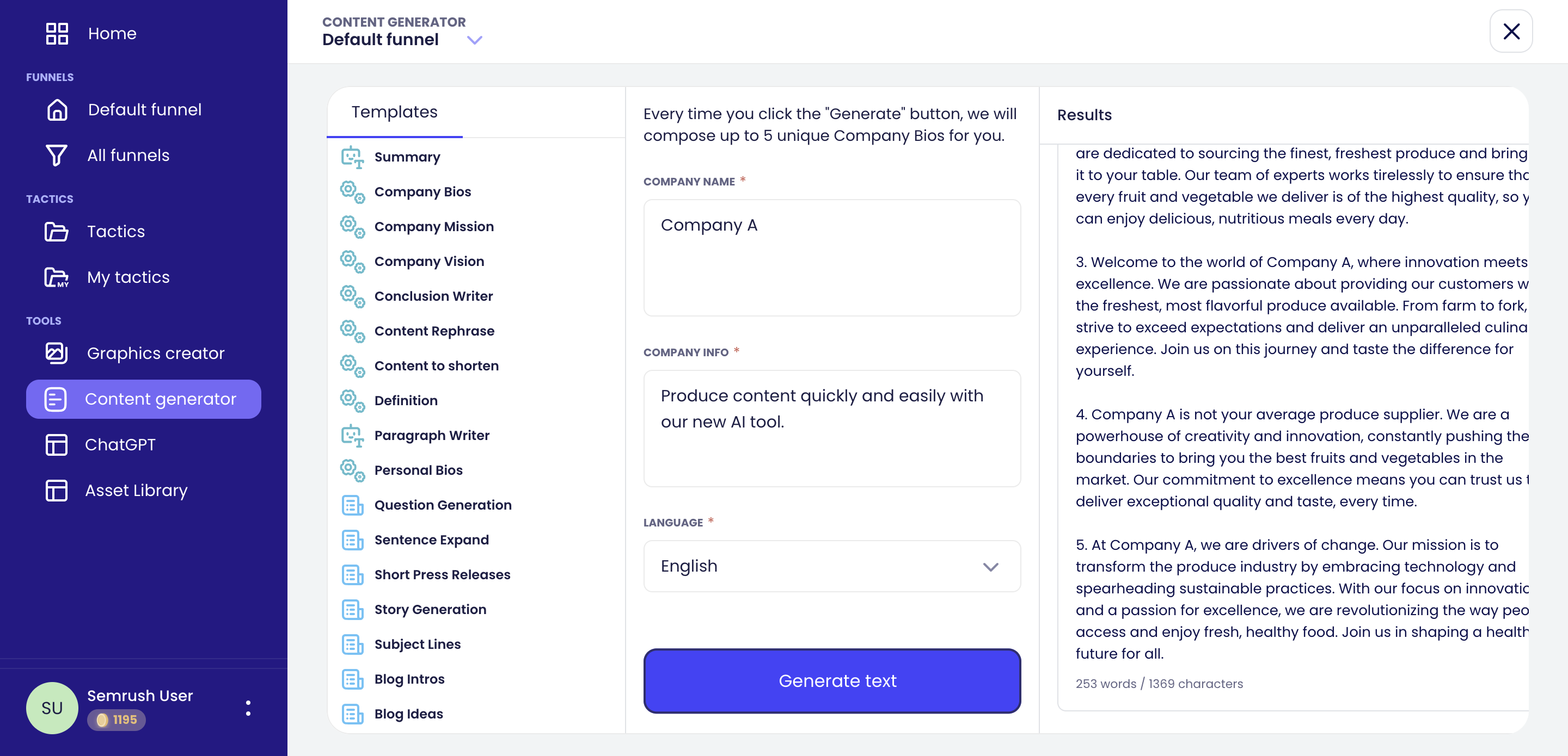 Overview of the Content generator tab. On the left is a list of templates to choose from, in the middle are text boxes to input information, tone of voice, and the language for the content. The right shows generated results. 