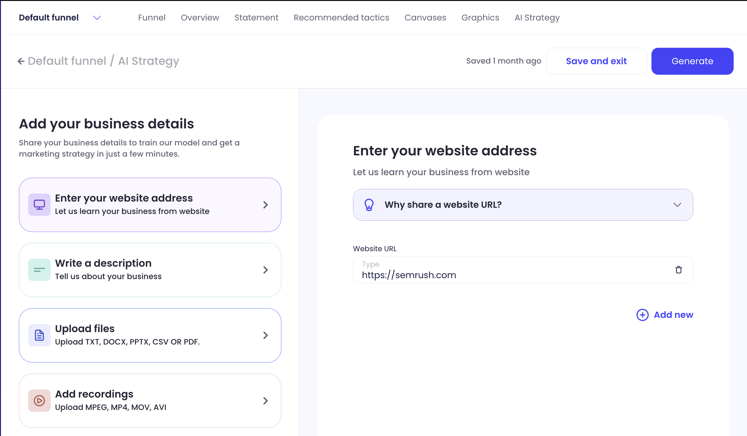 Screen showing where users enter their business details to inform their AI canvas. The left side of the screen features the type of information to be uploaded. The right side is the expanded 'website address' widget. It includes a text box for users to add their website URL.