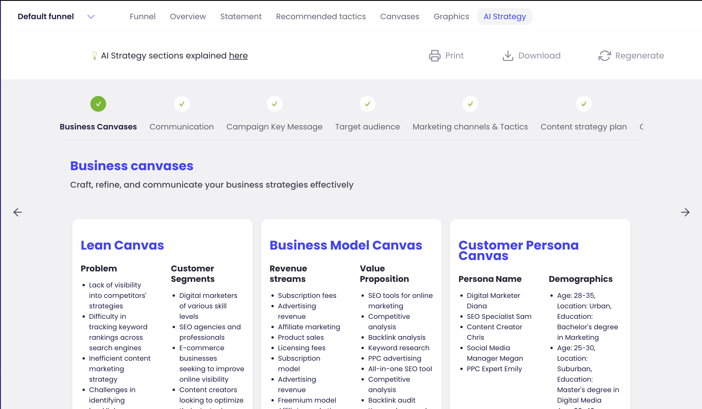 Overview of the Business Canvases tab, the first section of content for users' generated AI strategy. Features different types of canvases and detailed insights for each one.