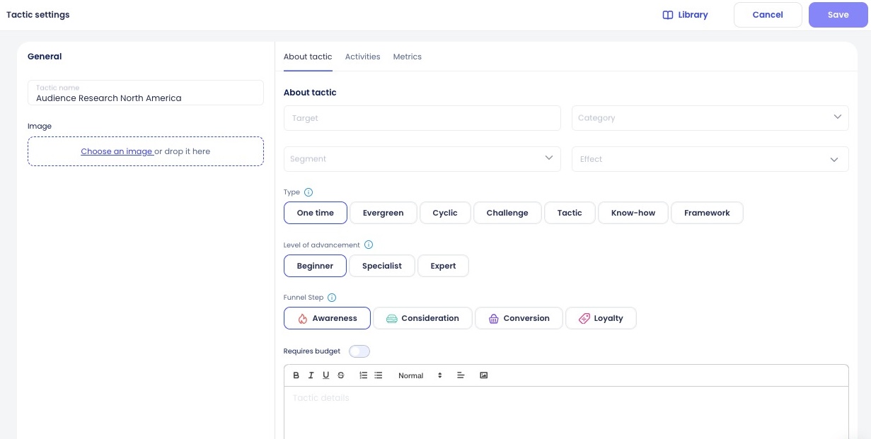 An overview of tactic settings, showing general information like the tactic name and image on the left-hand side. To the right-hand side is more detailed information, split into three tabs: About tactic, Activities, and Metrics.  About tactic is shown in full, with options to input target, category, segment, and effect information, plus choose the type, level of advancement, funnel step, and budget for the tactic.