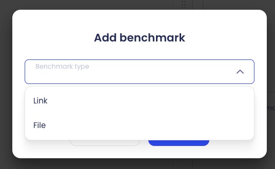 Box that appears after choosing to add a benchmark to a new tactic. Dropdown selection shows for users to specify a benchmark type (i.e. file or link).