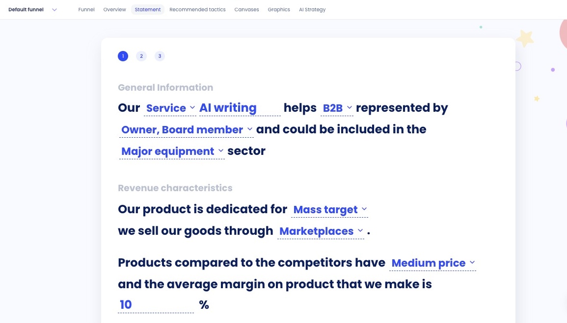 Written text that reflects users' personalized statement. The text has gaps to select variable information such as the industry, role, product purpose, and selling location of the user.