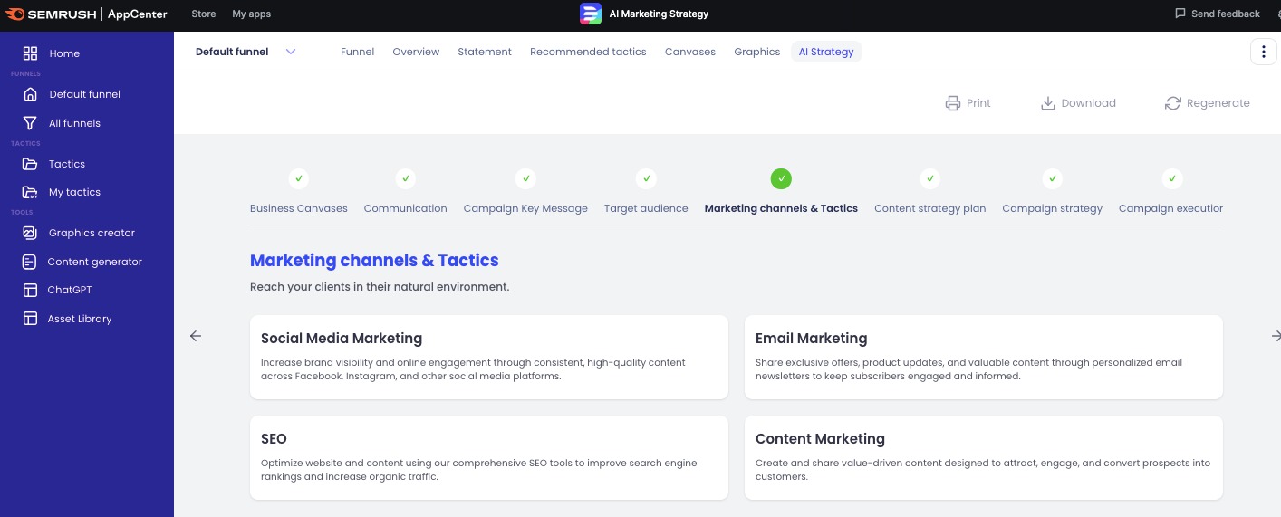 'Marketing channels & Tactics' tab within the AI Strategy section showing four boxes concentrating on social media marketing, email marketing, SEO, and content marketing. Each box includes personalized tips to optimize marketing efforts in each area.