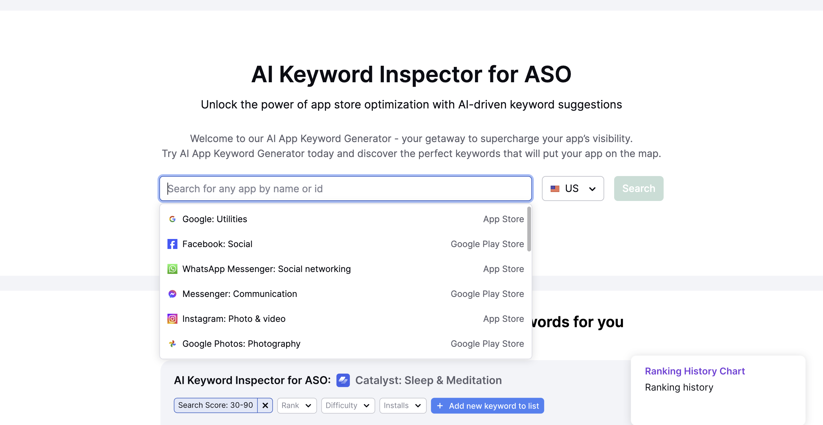 The homepage search box for AI Keyword Inspector for ASO.