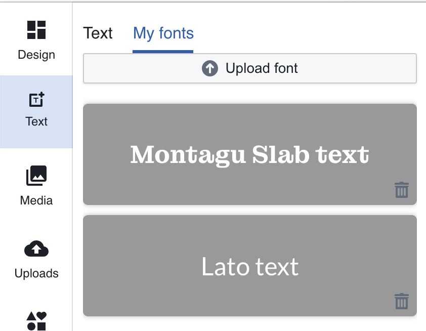 The My fonts menu, showing the Upload font button.