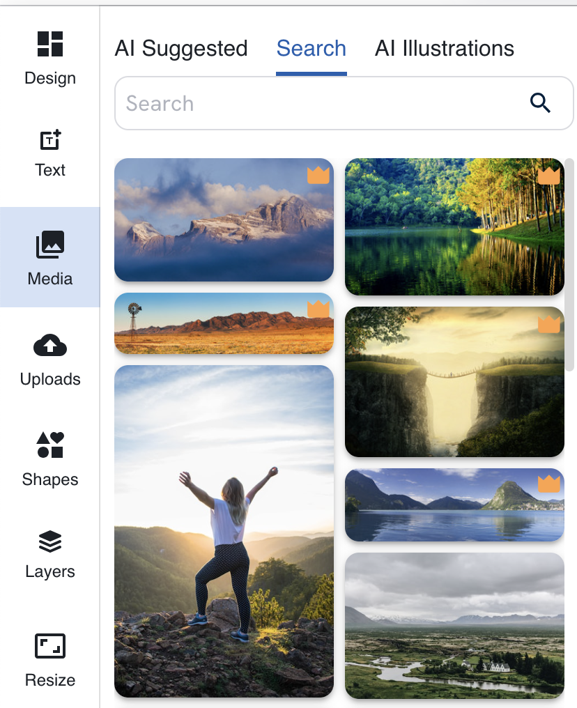 The Media menu, which includes three tabs, from left to right: AI Suggested, Search, AI Illustrations. Each tab contains a variety of images for your use.