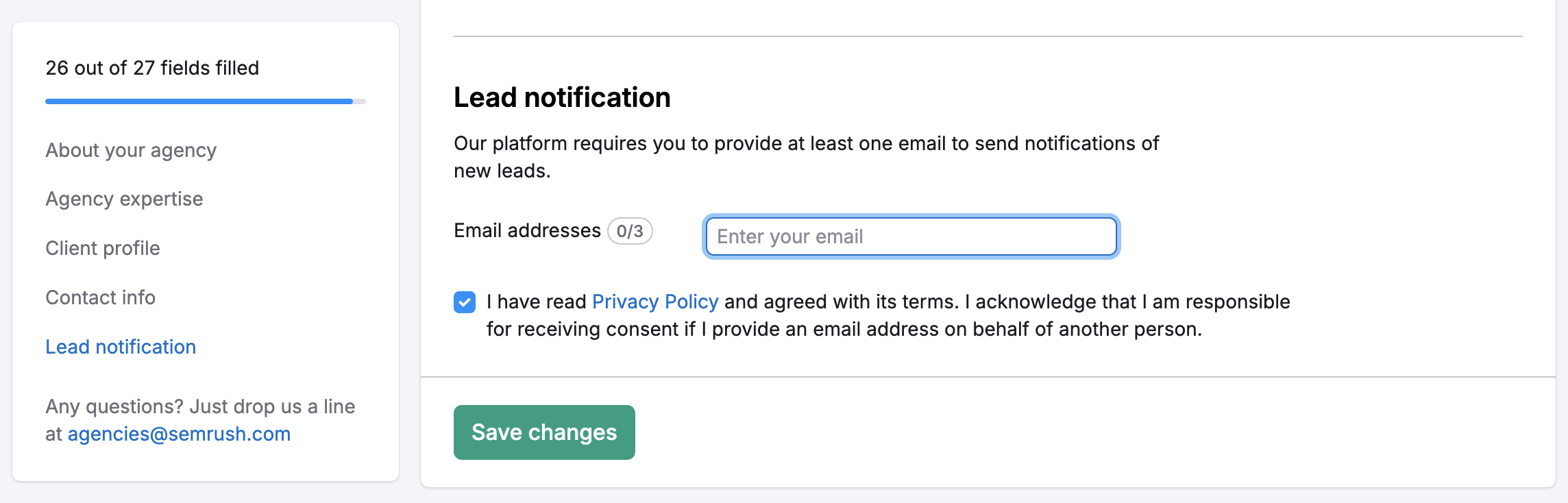 Example of the Lead Notification section with the field for email. A box confirming that a Privacy Policy has been read and agreed with is ticked.