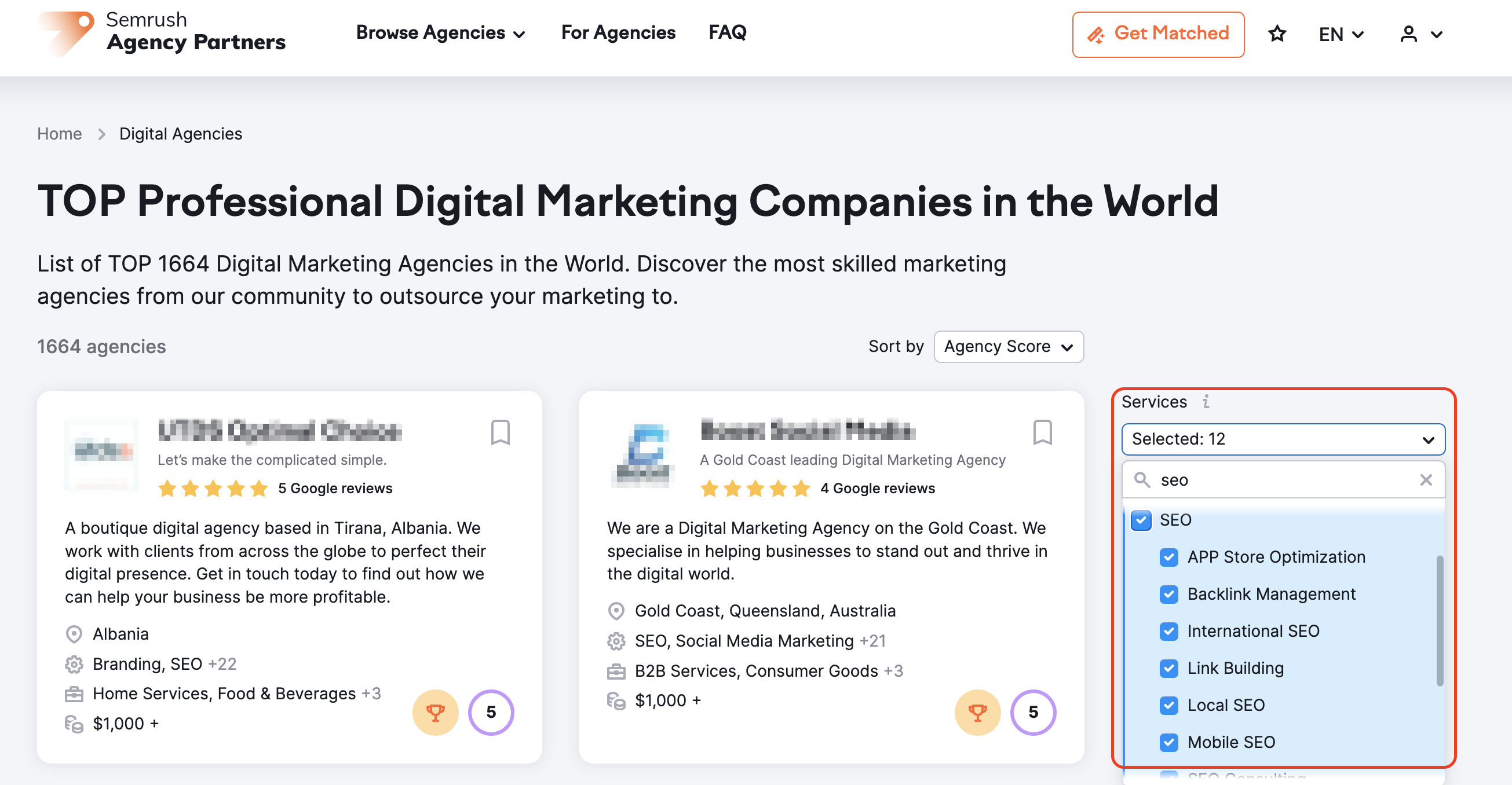 A list of Digital Agencies displayed based on the services selected on the right menu. A drop-down with selected SEO services is highlighted with a red rectangle. 