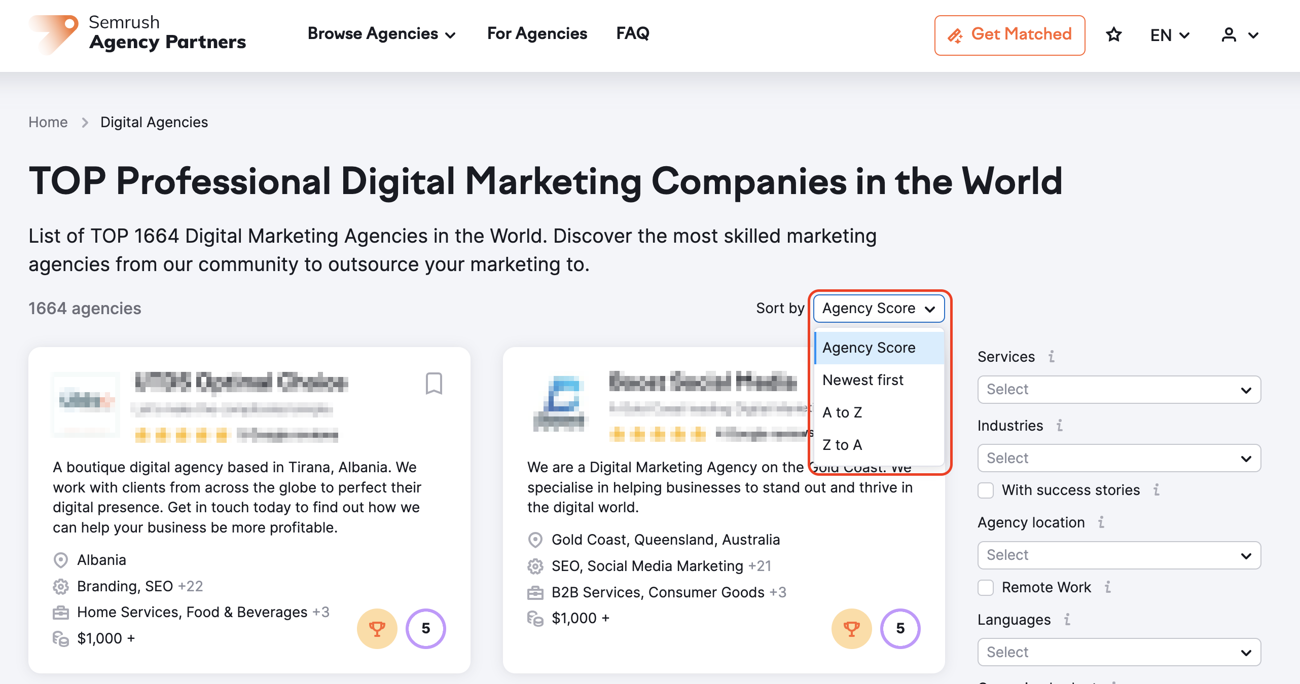 A list of Digital Agencies sorted by Agency Score. The drop-down with the sorting options is at the top-right of the list and is highlighted with a red rectangle. 