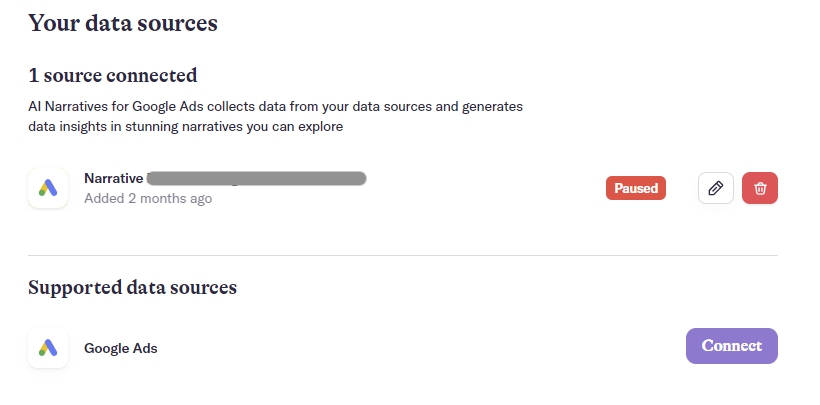Connecting a data source in AI Narratives for Google Ads.