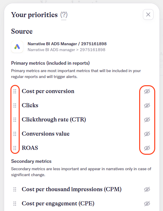 Selecting your primary and secondary metrics in AI Narratives for Google Ads.