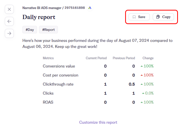 A view of a daily report in AI Narratives for Google Ads.