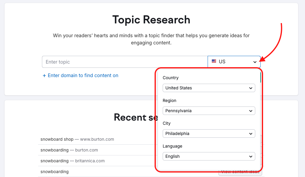 The target selector with the drop-down is highlighted in the Topic Research starting page. 