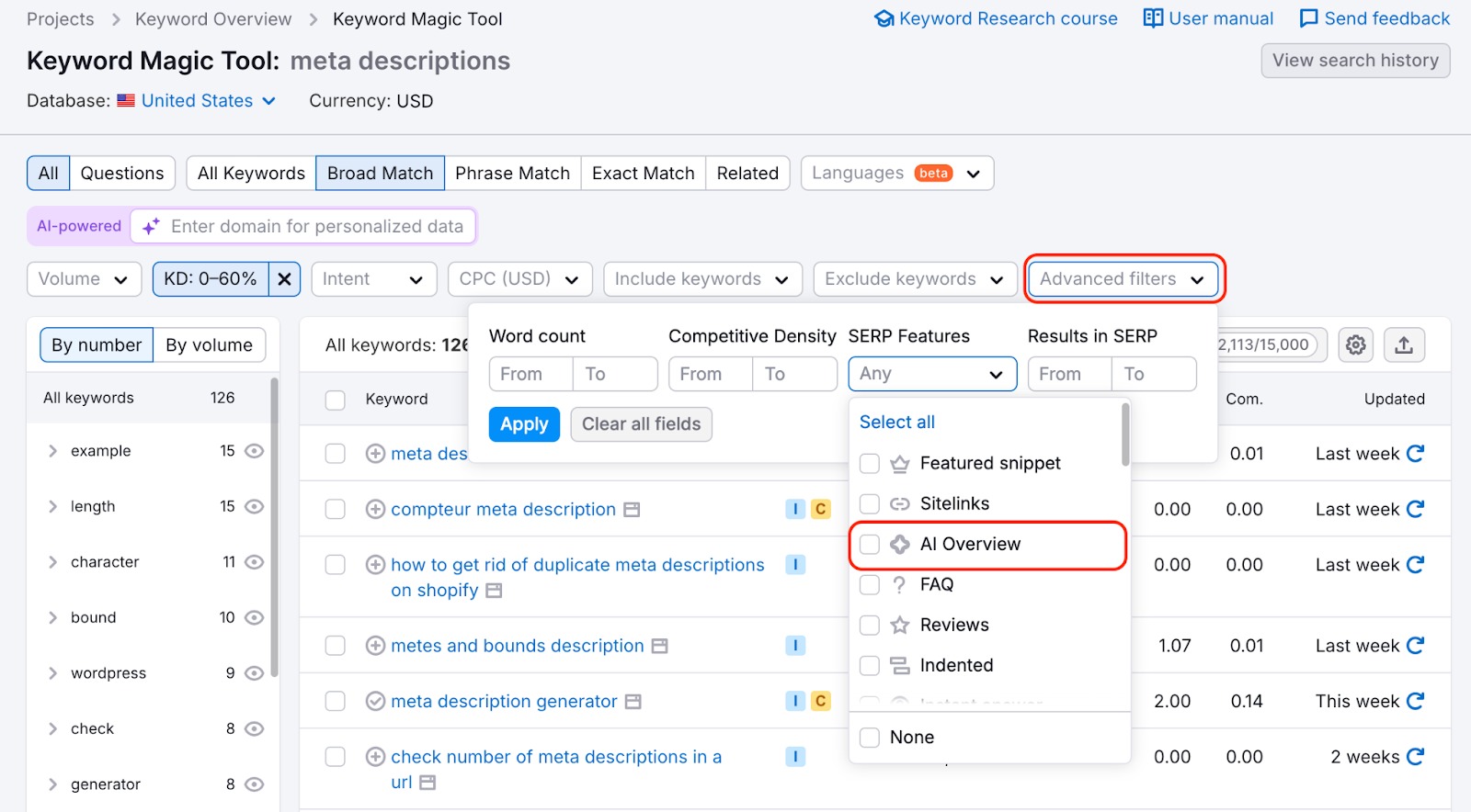 An example of the Keyword Magic Tool report. The Advanced filters and the AI Overview filter in the SERP features drop-down are highlighted. 