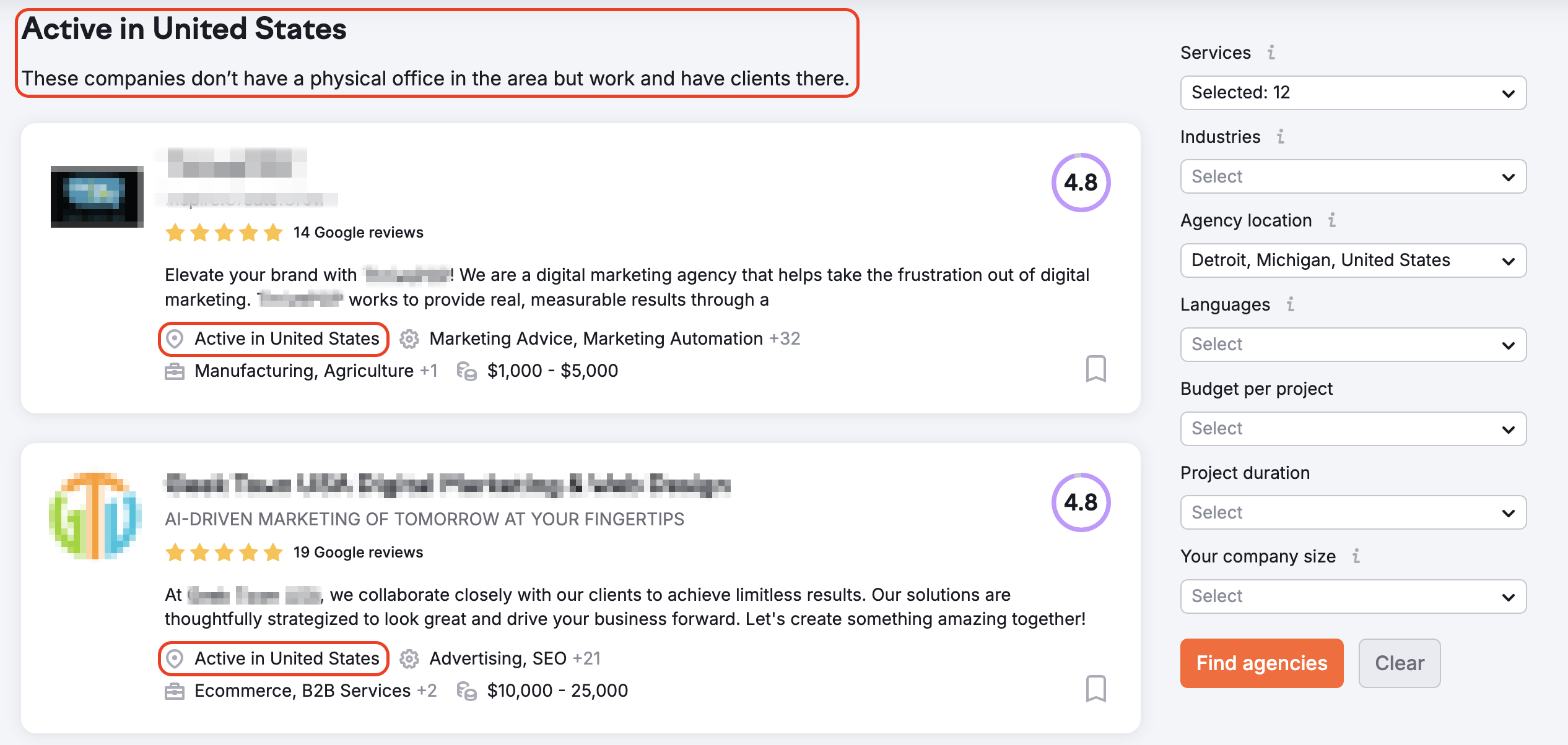 A list of Digital Agencies located in Detroit including those that don't have office but have clients in the United States. They are listed after the 'Active in United States' title (highlighted with a red rectangle).