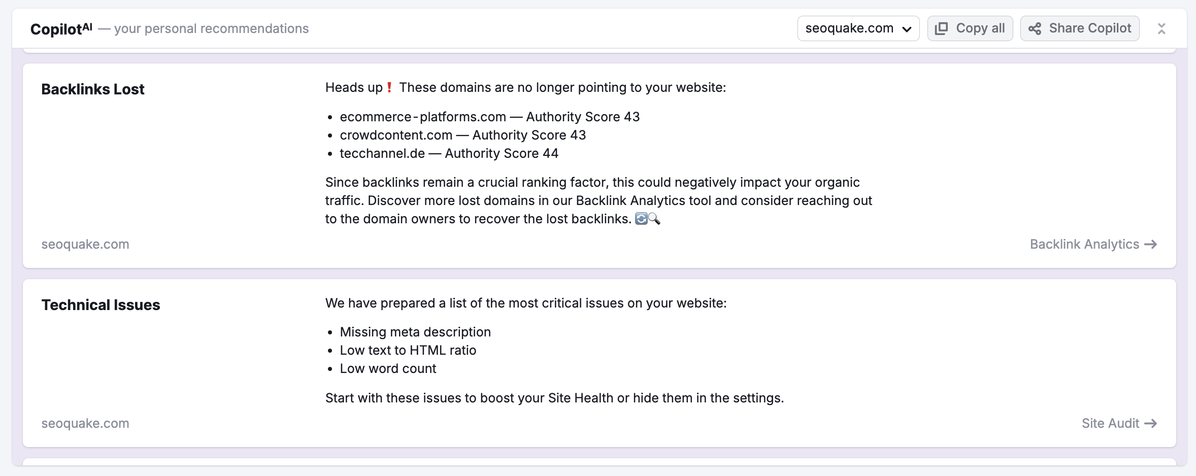 The Copilot dashboard with technical issues and recommendations linked to Site Audit. 