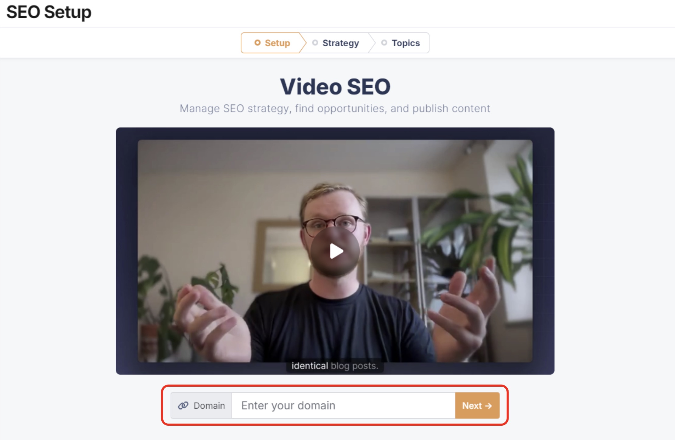 Adding your domain to set up your Video SEO Builder app.