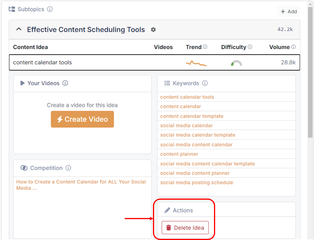 How to delete an idea in the Video SEO Builder app.