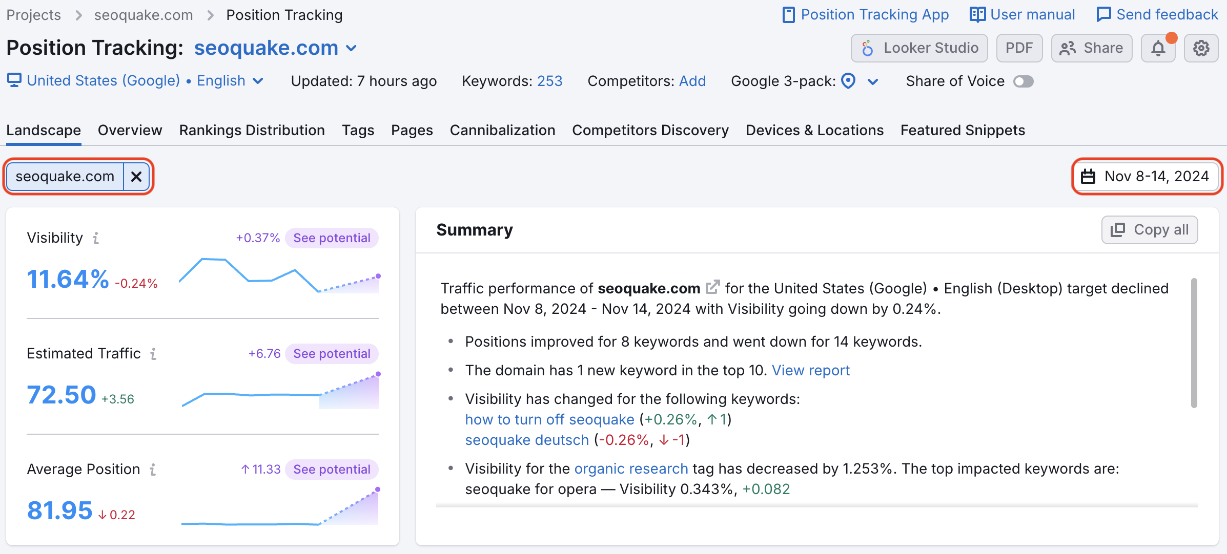 Position Tracking Landscape report with the domain picker and date range picker highlighted. 