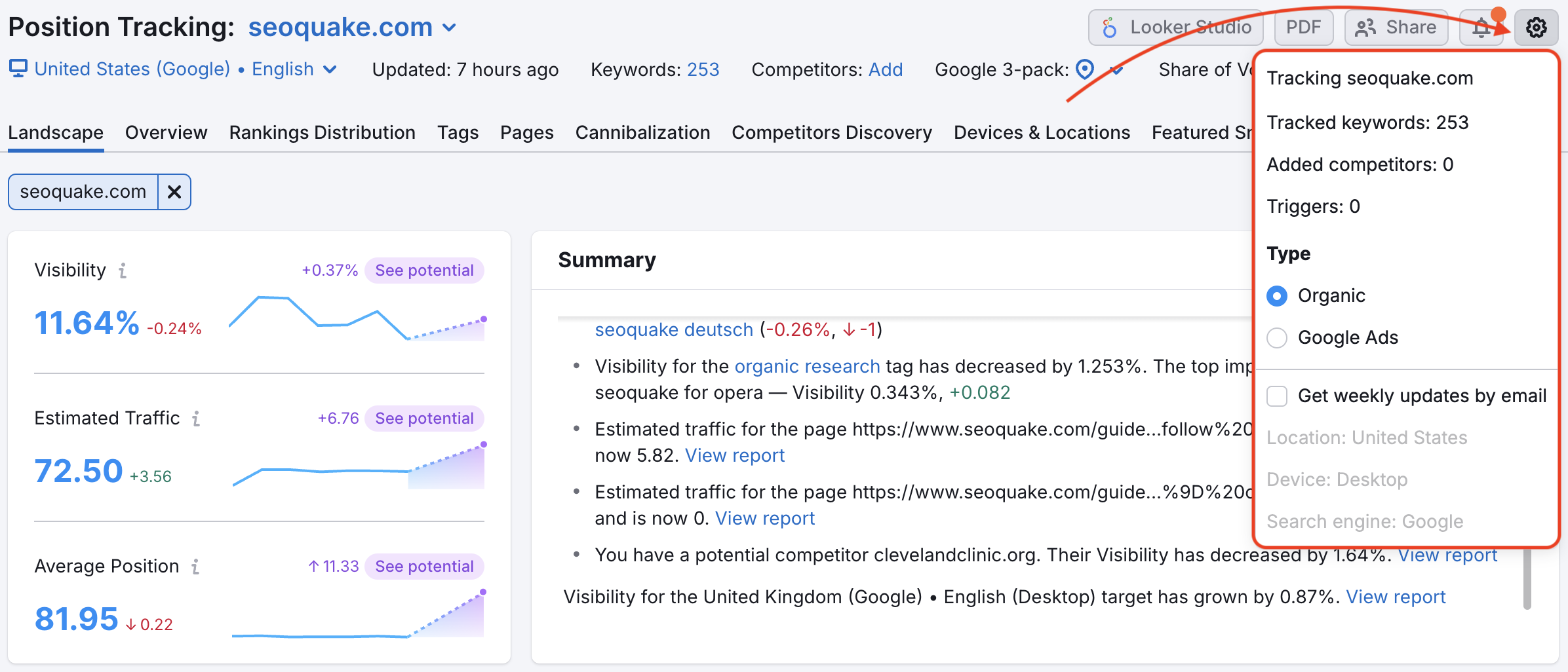 Position Tracking Landscape report with a red arrow pointing to the gear button in the top-right corner and a red rectangle highlighting the drop-down settings menu. 