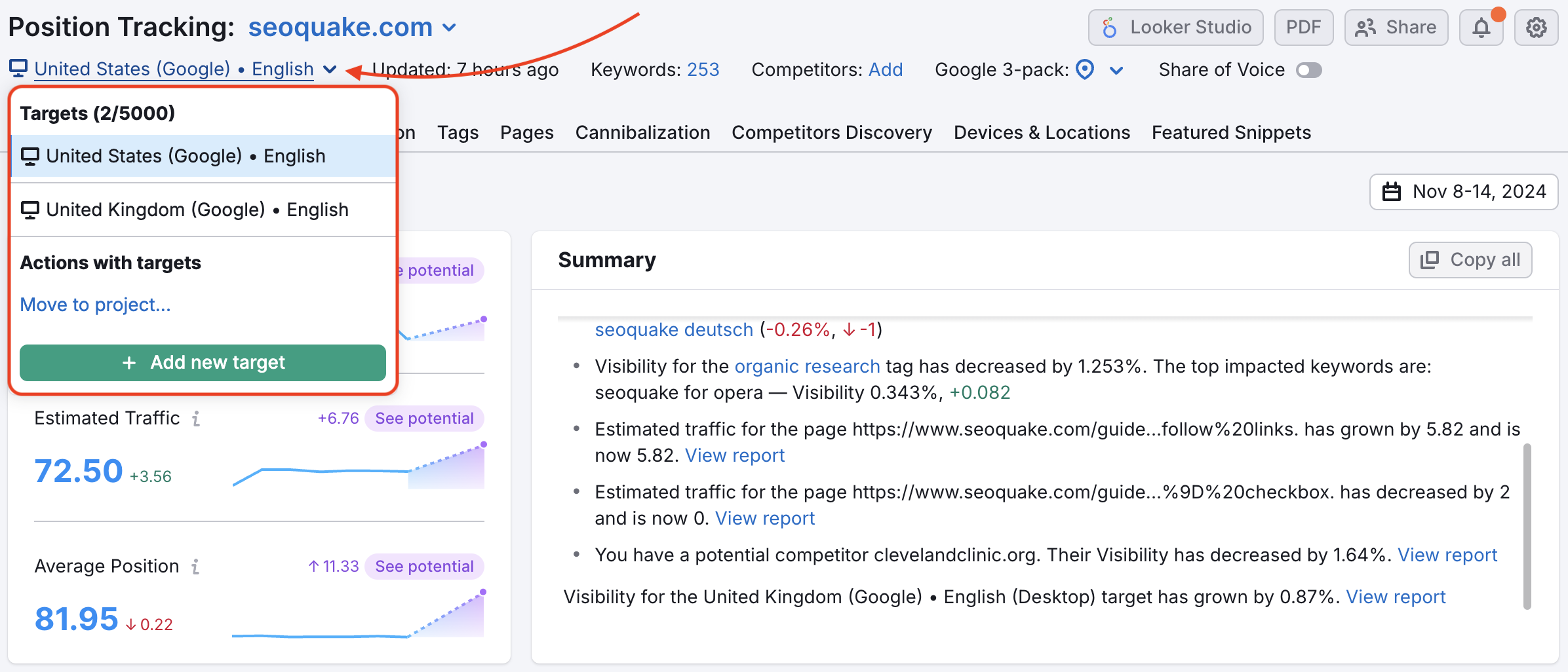 Position Tracking Landscape report with a red rectangle highlighting the drop-down with targets and a red arrow pointing to the trash bin button. 