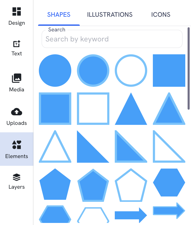 The Shapes tab, showing blue graphics in various geometric shapes.