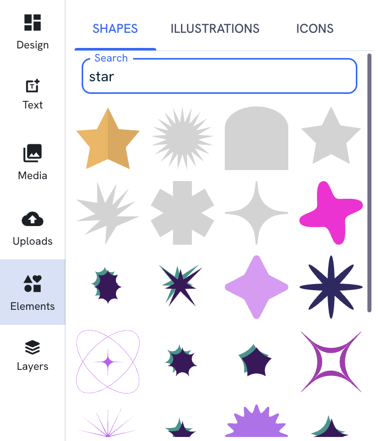 The Shapes section with a search query of 'star', showing a variety of colorful star graphics.