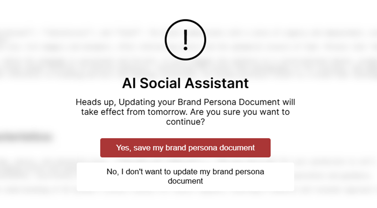 A warning box for users to confirm changes to brand persona details in AI Social Assistant.