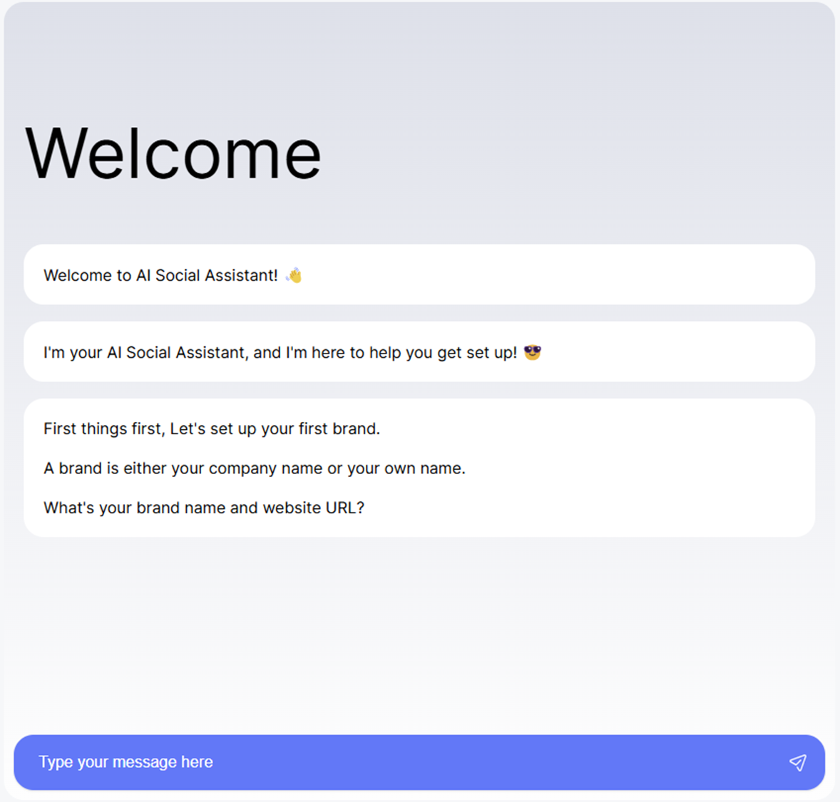 The AI chat welcome screen in AI Social Assistant.