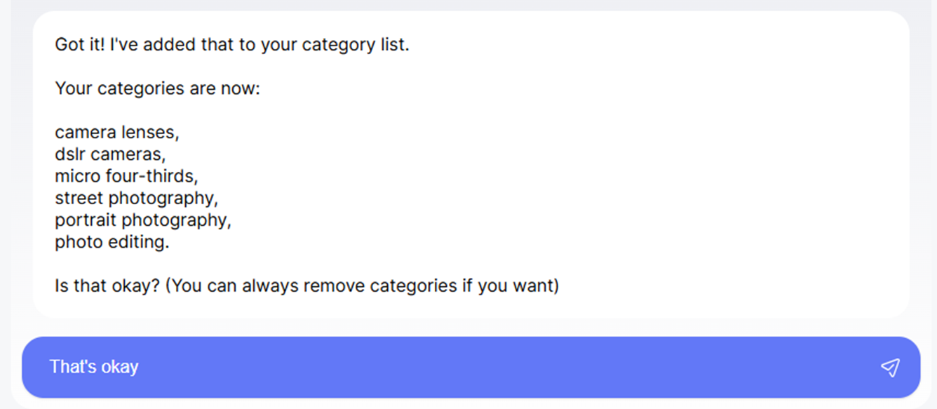 A confirmation screen for your content categories in AI Social Assistant.
