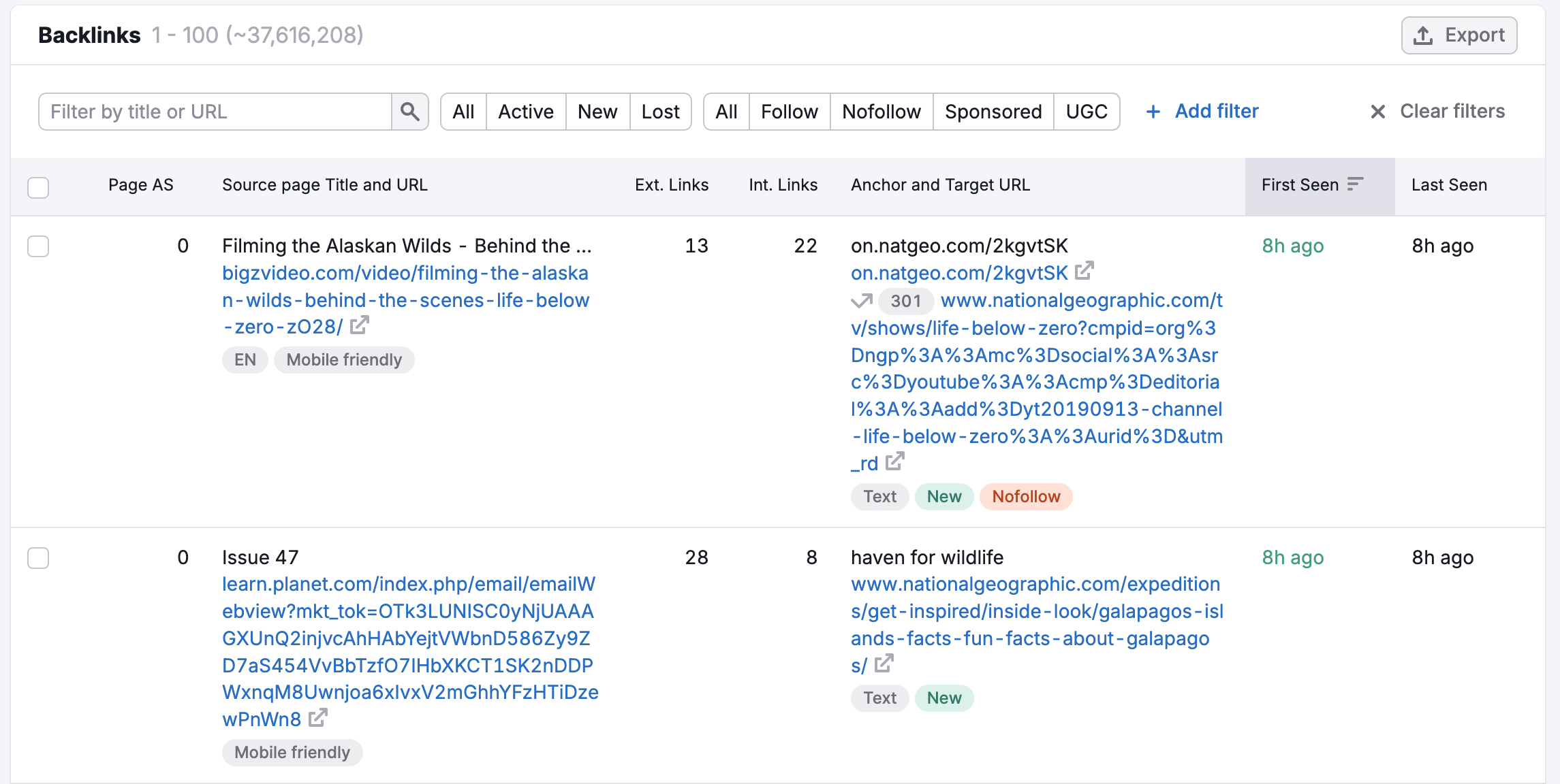 An example of the Backlinks table sorted by First Seen.